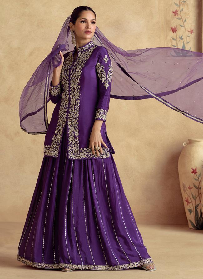 Chinnon Silk Purple Wedding Wear Embroidery Work Readymade Plazzo Suit